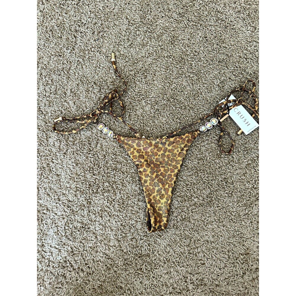 CRUSH Leopard Animal Print Rhinestone Thong Bikini Bottom M Stretch Halter
